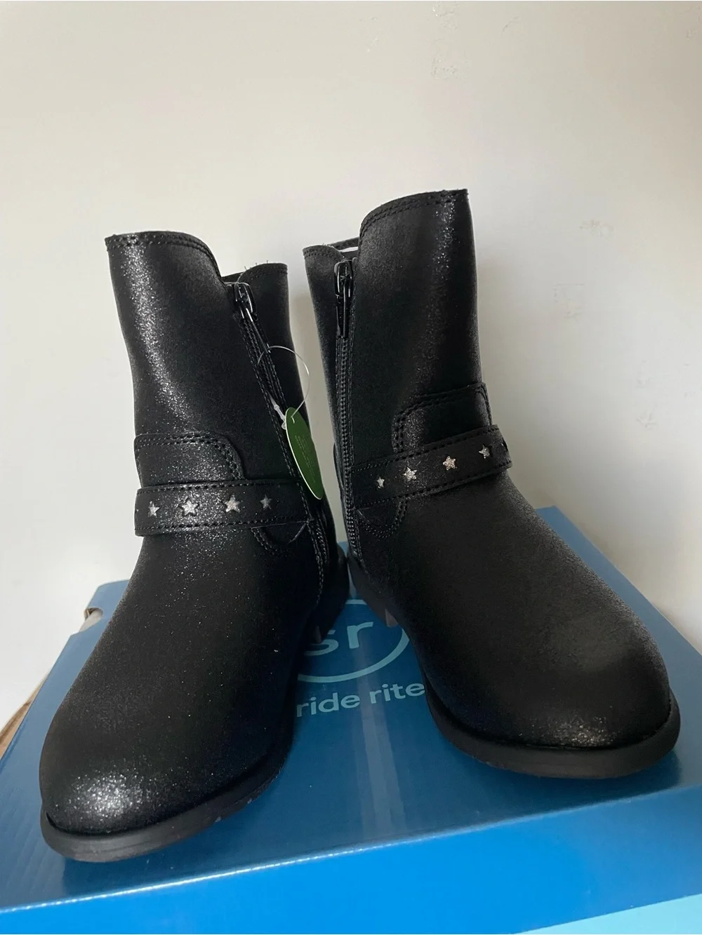 Stride Rite Sr Lizz Black Shimmer Boots Toddler Girl Zip Stars Mid Calf NEW Box